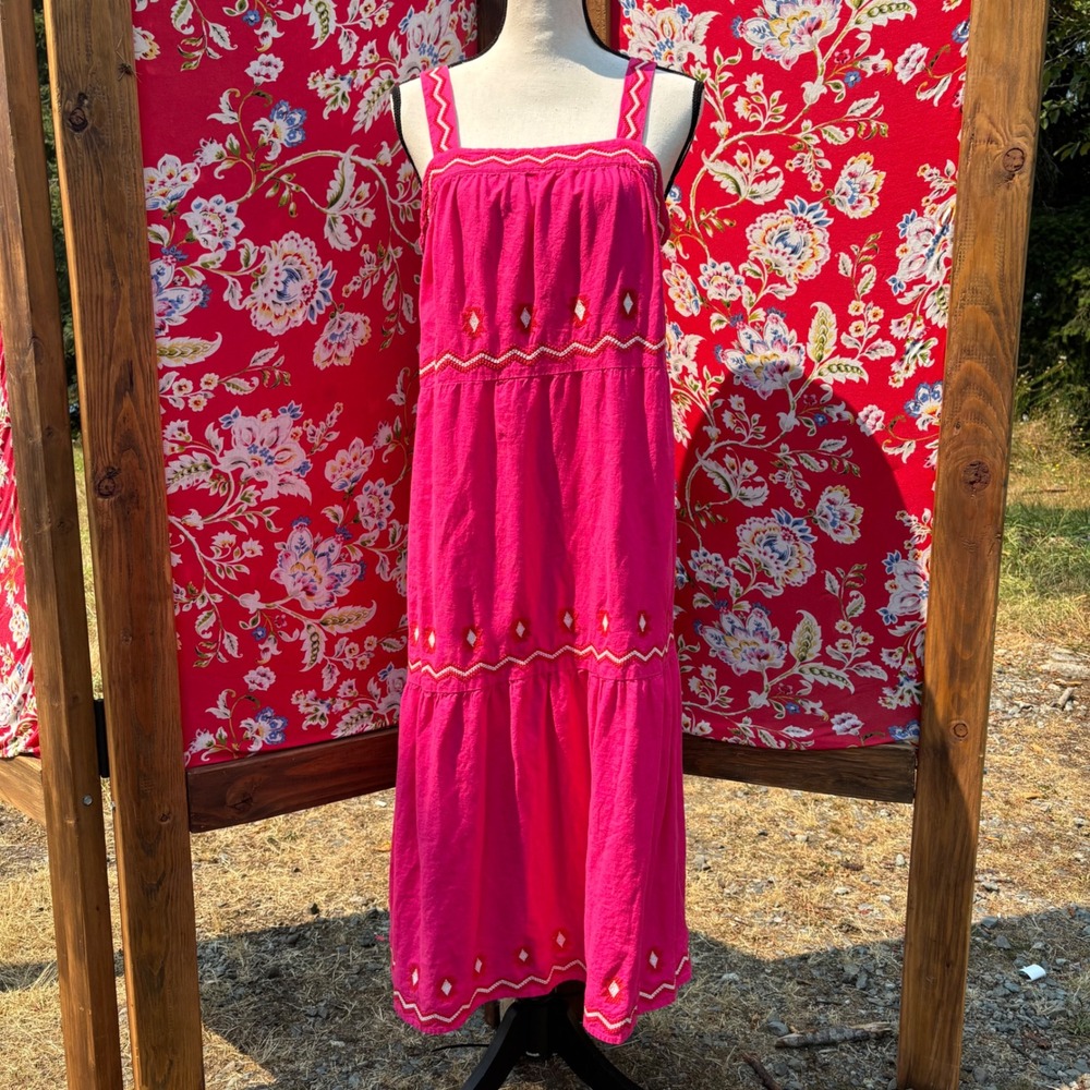 Linen Blend Magenta Southwest Embroidered Tiered Square Neck Maxi Dress Size M